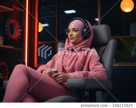 portrait hijab young woman, amazed happy arabian asian muslim woman in abaya hijab, Close-up portrait of attractive cheery modest muslimah. AI Generative. 108233825