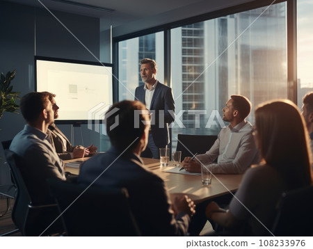 Business presentation, Businessman making a presentation at office. Business executive delivering a presentation to his colleagues during meeting. AI Generative. 108233976