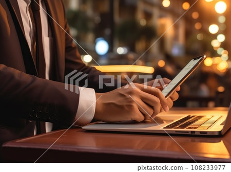 closeup with hand of businessman using laptop, with out door cafe, chilling, technology concept. AI Generative. 108233977