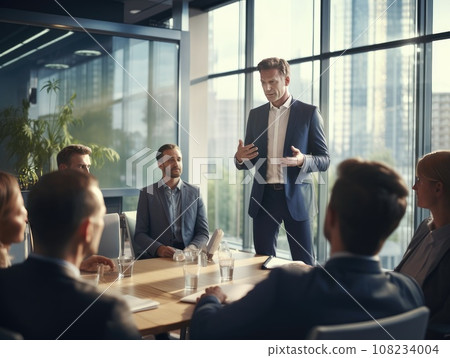 Business presentation, Businessman making a presentation at office. Business executive delivering a presentation to his colleagues during meeting. AI Generative. 108234004