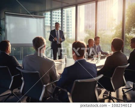 Business presentation, Businessman making a presentation at office. Business executive delivering a presentation to his colleagues during meeting. AI Generative. 108234012