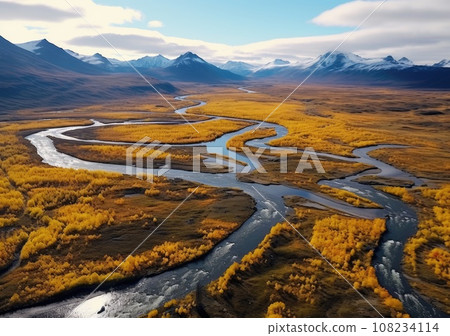 arial view of lake, Lake in morning sunrise. Freshwater ecosystems, wetlands and Environmental Protection. AI Generative. arial view of lake, Lake in morning sunrise. Freshwater ecosystems, wetlands and Environmental Protection. AI Generative. 108234114