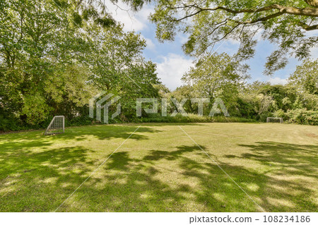 a backyard with trees, grass and a soccer goal in the yard is surrounded by lush green foliage on a sunny day a backyard with trees, grass and a soccer goal in the yard is surrounded by lush green foliage on a sunny day 108234186