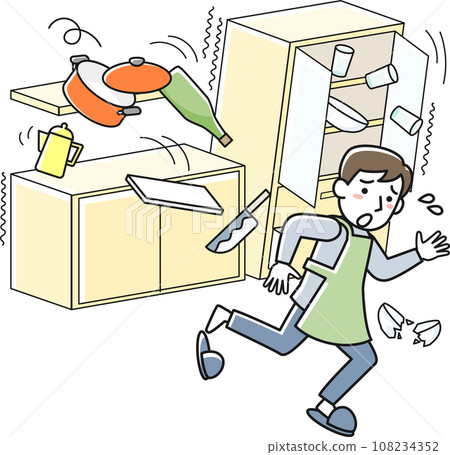 A man runs away from his kitchen in a dangerous situation due to falling objects during an earthquake. A man runs away from his kitchen in a dangerous situation due to falling objects during an earthquake. 108234352