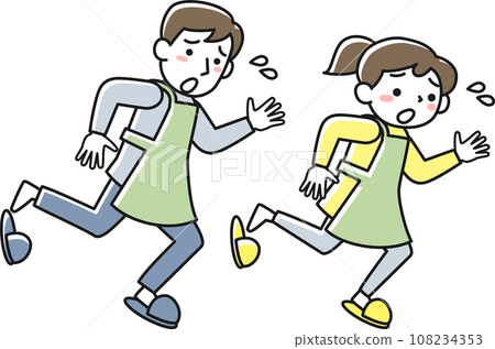 穿著圍裙的男女匆匆奔跑 108234353