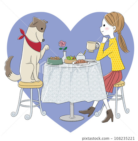 Girl eating at a cafe with her dog 108235221