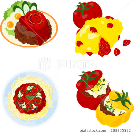 Icons of fresh and juicy tomato dishes such as hamburgers, omelets, spaghetti and stuffed meat. Icons of fresh and juicy tomato dishes such as hamburgers, omelets, spaghetti and stuffed meat. 108235552
