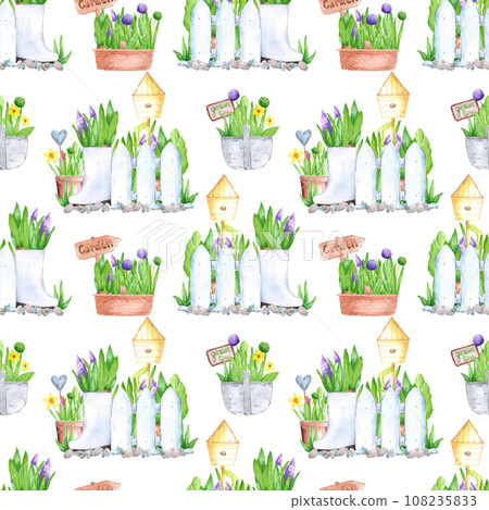 Hand drawn watercolor spring garden flowers in pots and boots seamless pattern isolated on white background. Vintage illustration in rural style for textile, fabric and other printed products. 108235833