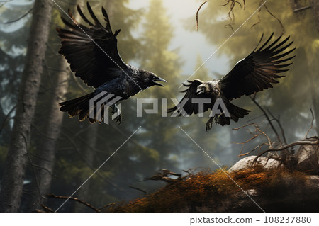 Image of crow is flying in the forest. Birds., Wildlife Animals. Image of crow is flying in the forest. Birds., Wildlife Animals. 108237880