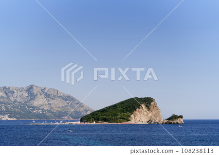 Green hilly island of St. Nicholas in the Bay of Kotor. Montenegro 108238113