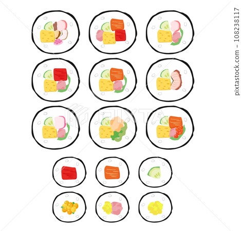 Cross-sectional illustration set of sushi rolls and thin rolls with various ingredients Cross-sectional illustration set of sushi rolls and thin rolls with various ingredients 108238117