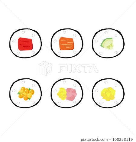 Cross-sectional illustration set of thin sushi rolls with various ingredients 108238119