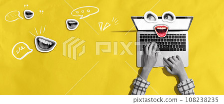 Person using a laptop computer with eyes and mouth - Photo collage Person using a laptop computer with eyes and mouth - Photo collage 108238235