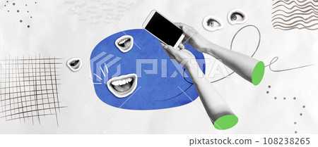 Person using a smartphone with eyes and mouth 108238265