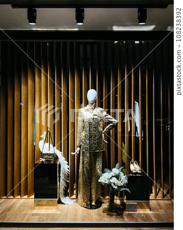 Classic women evening suit in a shop window Classic women evening suit in a shop window 108238392