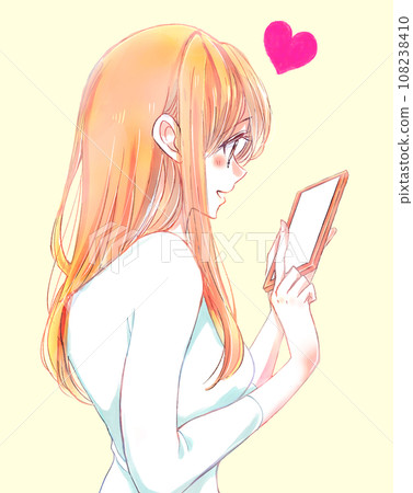 A woman happily touching her smartphone. Love A woman happily touching her smartphone. Love 108238410