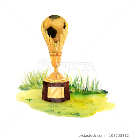 Watercolor aquarelle drawing of football field grass lawn and champion's cup with ball. Hand painted green and yellow grassland isolated on white background. For logo banner textile printing stickers Watercolor aquarelle drawing of football field grass lawn and champion's cup with ball. Hand painted green and yellow grassland isolated on white background. For logo banner textile printing stickers 108238812