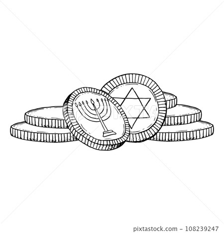Black and white stack of Hanukkhah coins with holiday menorah and star of David for Jewish holiday gelt vector illustration Black and white stack of Hanukkhah coins with holiday menorah and star of David for Jewish holiday gelt vector illustration 108239247