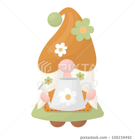 A garden gnome with a watering can in his hands. Vector illustration on a white background 108239492