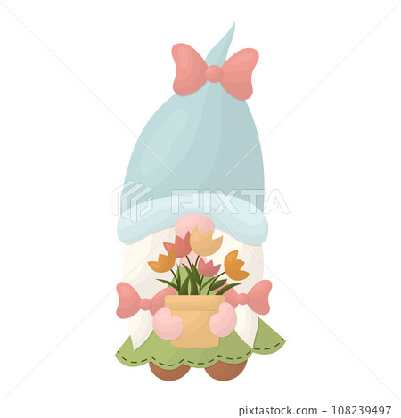 A garden gnome with flowers in a pot. Vector illustration on a white background 108239497