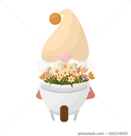 A garden gnome with a cart loaded with flowers. Vector illustration 108239505