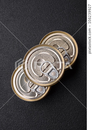 Round metal can with canned fish or meat with a key Round metal can with canned fish or meat with a key 108239927