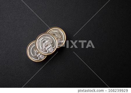 Round metal can with canned fish or meat with a key Round metal can with canned fish or meat with a key 108239929