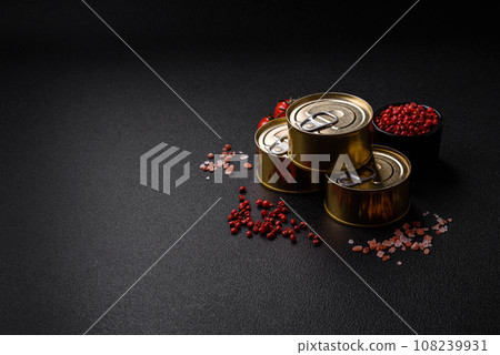 Round metal can with canned fish or meat with a key Round metal can with canned fish or meat with a key 108239931