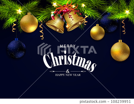 Christmas card with golden bells, wreath of fir branches with balls Christmas card with golden bells, wreath of fir branches with balls 108239951
