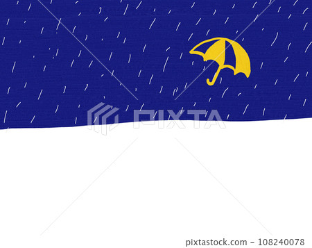 Painting of yellow umbrella and rain on dark blue and white background 108240078