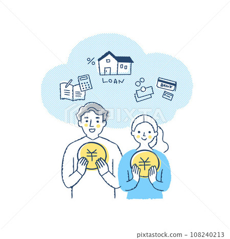 Young couple smiling and holding a ¥ coin Young couple smiling and holding a ¥ coin 108240213