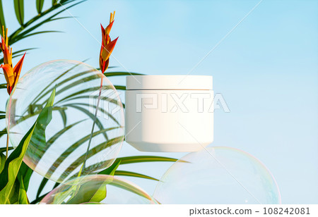 Cosmetic cream jar on a background of tropical plants and soap bubbles. 3d rendering 108242081