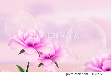 Beautiful pink rose flower and soap bubbles on dreamy sky background. 3d rendering Beautiful pink rose flower and soap bubbles on dreamy sky background. 3d rendering 108242163