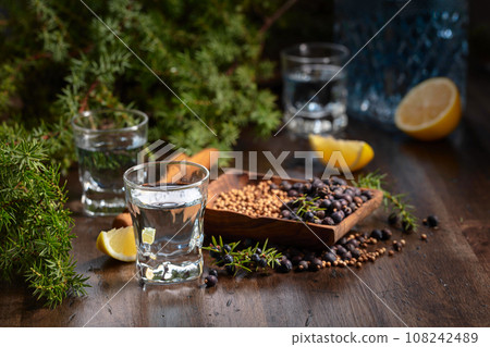 Gin with ingredients on an old wooden table. 108242489