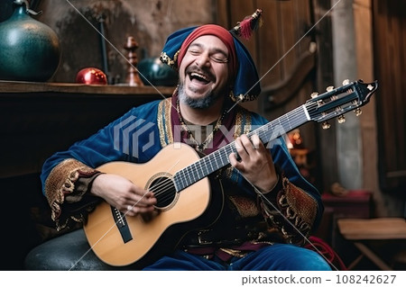 Bard Plays his Lute, Minstrel Song, Troubadour Music, Medieval Singer, Cosplayer Dressed as Jester Bard Plays his Lute, Minstrel Song, Troubadour Music, Medieval Singer, Cosplayer Dressed as Jester 108242627
