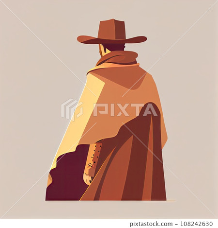 Typical Cowboy, Wild West Bandit in Traditional Stetson Hat and Shawl, Cowboy Flat Color Image, 108242630