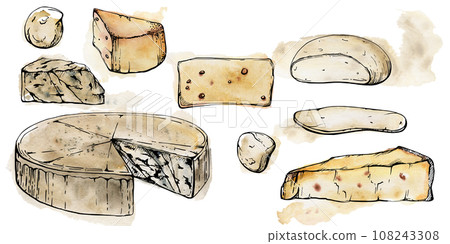 Hand drawn watercolor ink illustration. Assortment of cheese mozzarella parmesan edam emmental gruyere gorgonzola. Set of objects isolated on white. Restaurant menu, cafe, food shop package, print. Hand drawn watercolor ink illustration. Assortment of cheese mozzarella parmesan edam emmental gruyere gorgonzola. Set of objects isolated on white. Restaurant menu, cafe, food shop package, print. 108243308