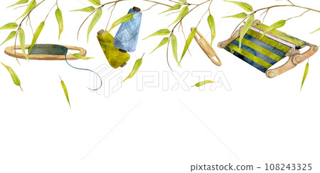 Hand drawn watercolor thread weaving loom and shuttle, for hobby, handmade fabric. Natural bamboo plant indigo dye. Illustration seamless banner isolated on white background. Shop logo, print, booklet Hand drawn watercolor thread weaving loom and shuttle, for hobby, handmade fabric. Natural bamboo plant indigo dye. Illustration seamless banner isolated on white background. Shop logo, print, booklet 108243325