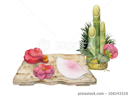 Watercolor hand drawn traditional Japanese sweets. Ceramic dish, wagashi of winter camellia design Isolated on white background. Design for invitations, restaurant menu, greeting cards, print, textile Watercolor hand drawn traditional Japanese sweets. Ceramic dish, wagashi of winter camellia design Isolated on white background. Design for invitations, restaurant menu, greeting cards, print, textile 108243328