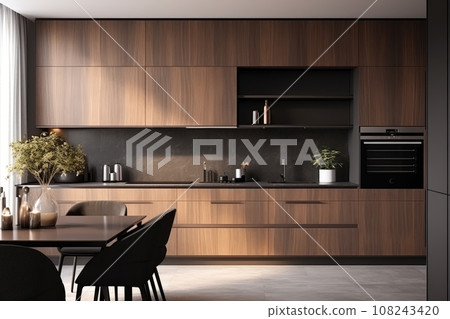 AI generation. Sleek and modern, the dark kitchen exudes industrial flair and sophistication. 108243420