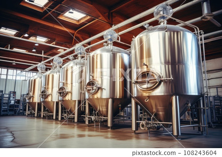 Brewery Equipment, Brew Beer Manufacturing, Round Cooper Storage Tanks, Generative AI Illustration 108243604