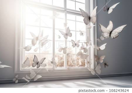 Butterflies Burst into Room, Many Butterflies in Morning Window, Abstract Generative AI Illustration 108243624