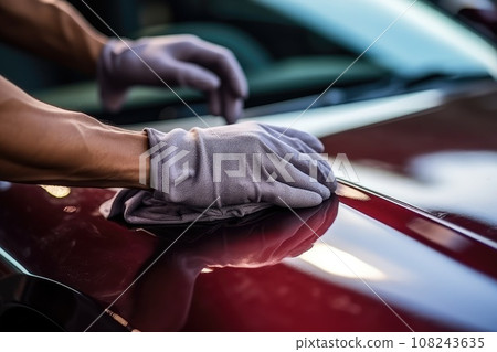 Car Washing, Man Polishes his Car with Microfiber Cloth, Generative AI Illustration 108243635