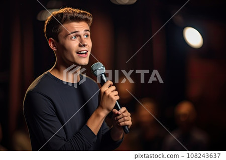 Standup Show, Young Comedian Performing his Stand-Up Monologue, Caucasian Male on a Night Club Stage 108243637