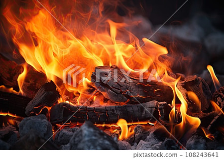 Smoldering Barbecue Charcoal Texture Background, Hot Fire Charcoal Banner, Burn Wood Grill Flame Closeup with Copy Space, Generative AI Illustration 108243641