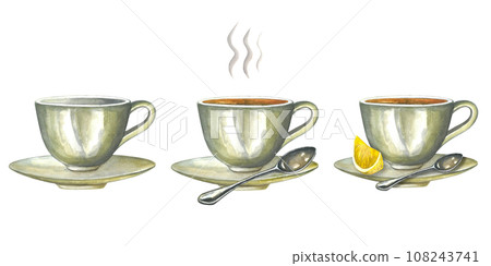 Set of watercolor illustrations of a cup, saucer made of porcelain. Empty, with tea and steam, with lemon and a spoon.Isolated on a transparent background, hand-drawn. 108243741