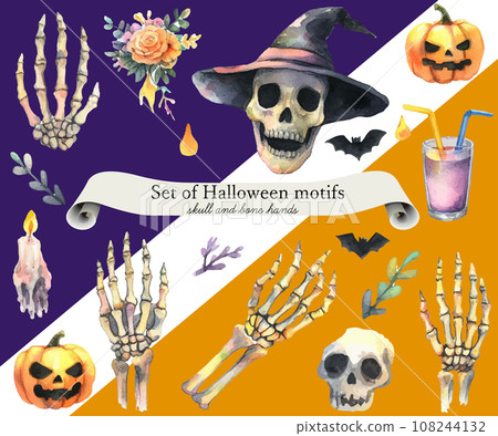 Set of Halloween motifs, skulls and bones hands watercolor illustration Set of Halloween motifs, skulls and bones hands watercolor illustration 108244132