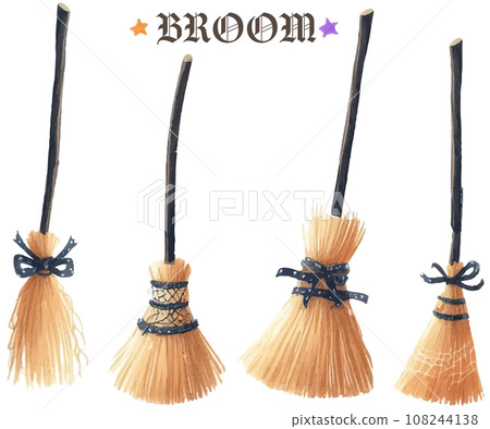 巫師的掃帚套裝，老式木掃帚水彩插圖 108244138