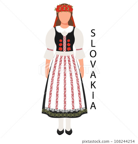 Woman in Slovak folk costume. Culture and traditions of Slovakia. Illustration, vector 108244254