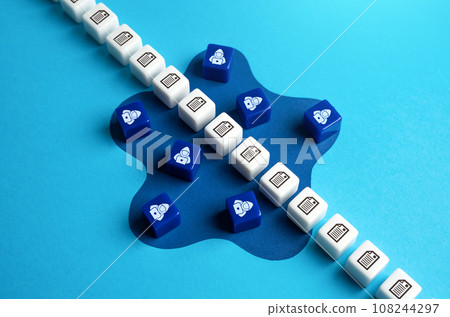 Hackers intercept data through unsecured information communications. Illegal interception of secret documents. Industrial and financial espionage. Threat of leakage of corporate information. 108244297